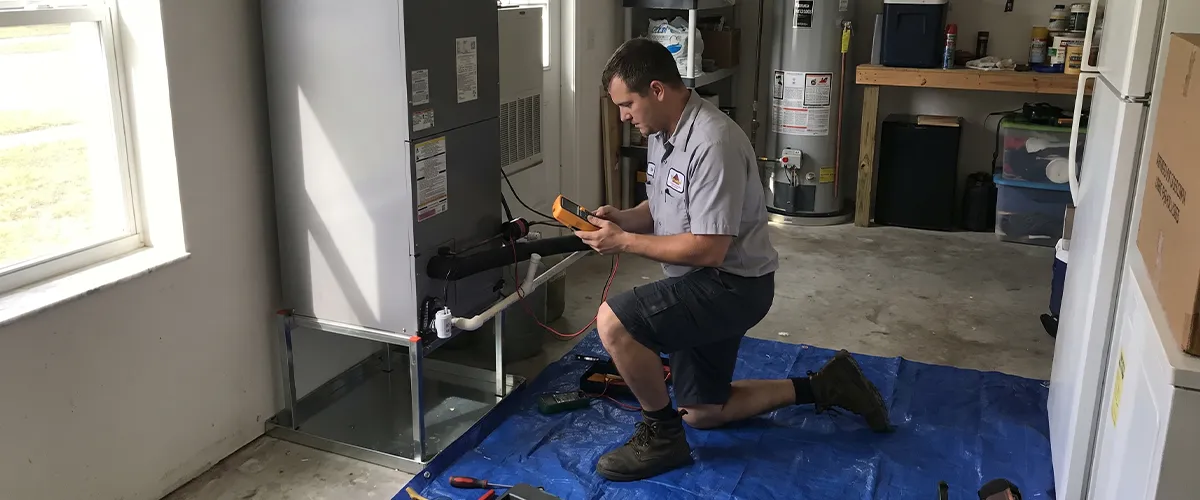 Wentzel's technician diagnosing and repairing an AC unit in a Sarasota home