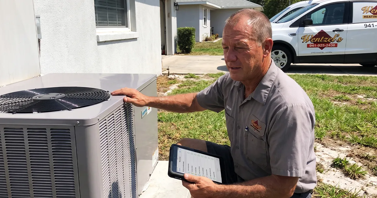 Florida homeowner checking AC system before summer — maintenance checklist