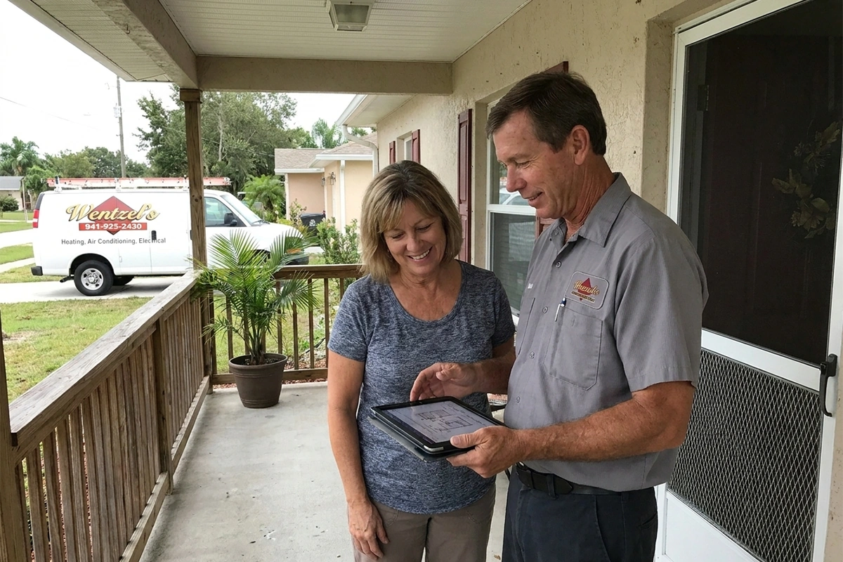 Wentzel's technician reviewing AC installation options with a Sarasota homeowner