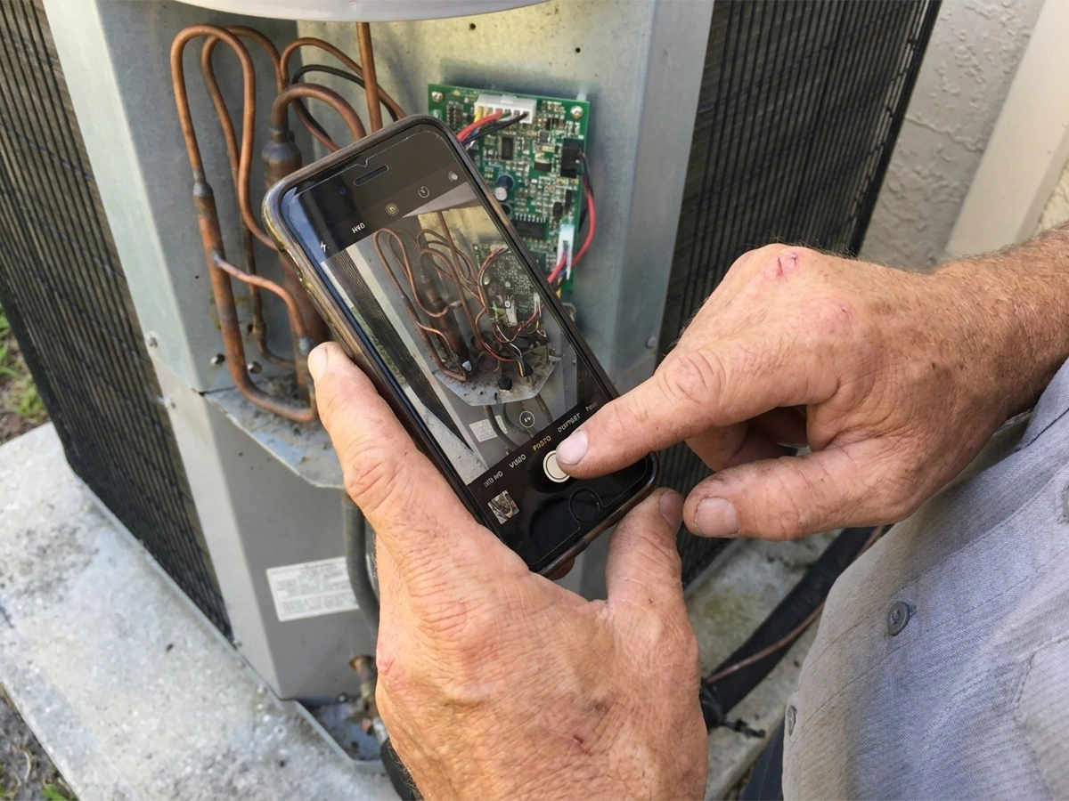 Wentzel's technician reviewing photo-documented maintenance visit with a Sarasota homeowner