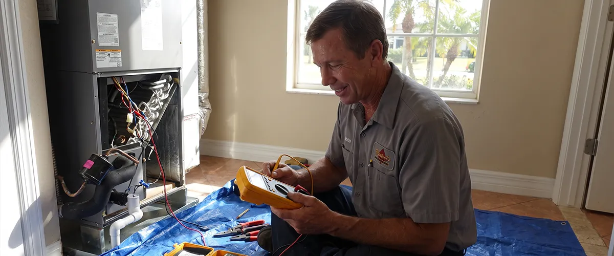 Wentzels technician diagnosing an AC unit at an Osprey FL home