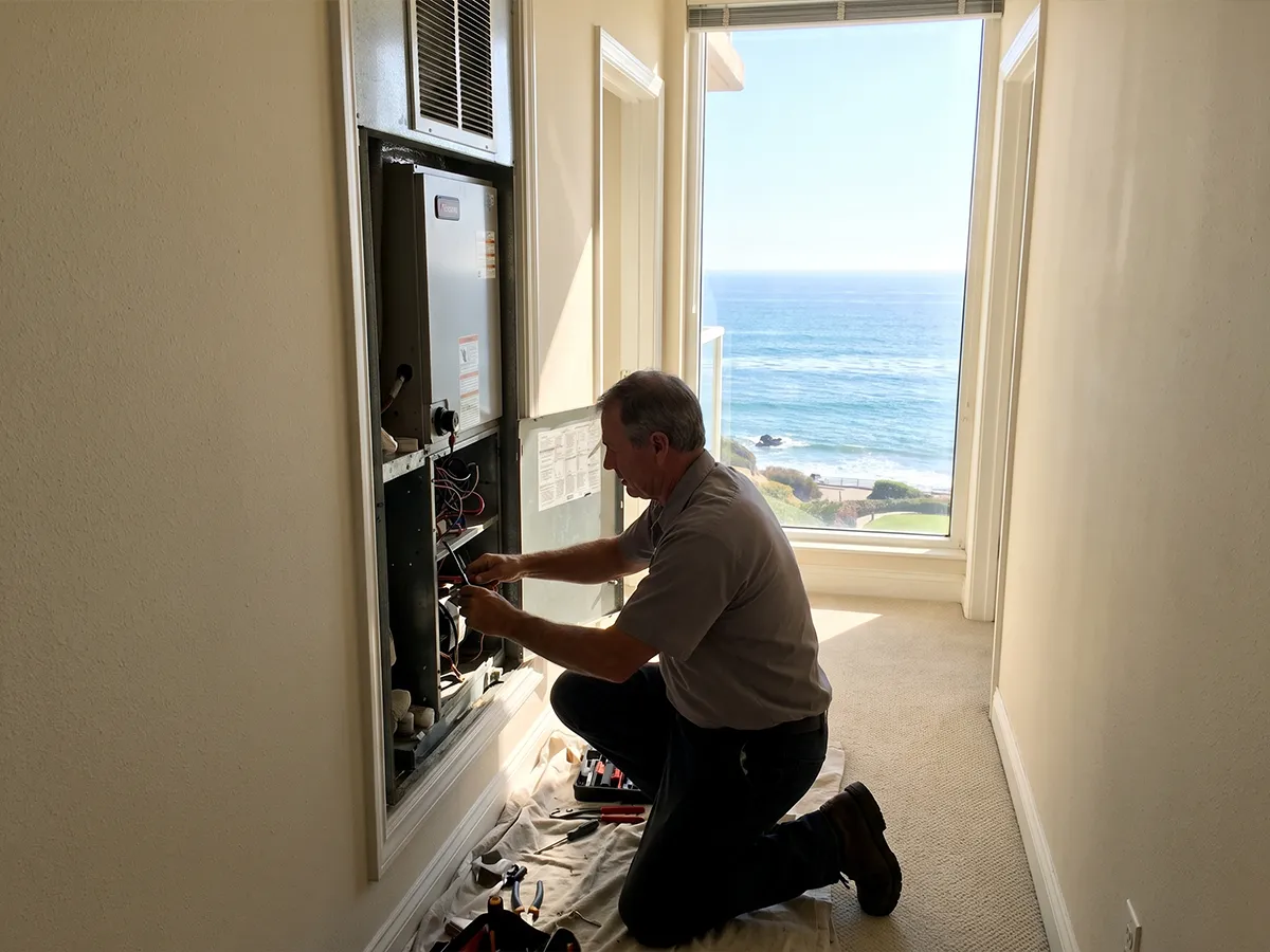 Wentzel's technician servicing condo AC equipment on Siesta Key
