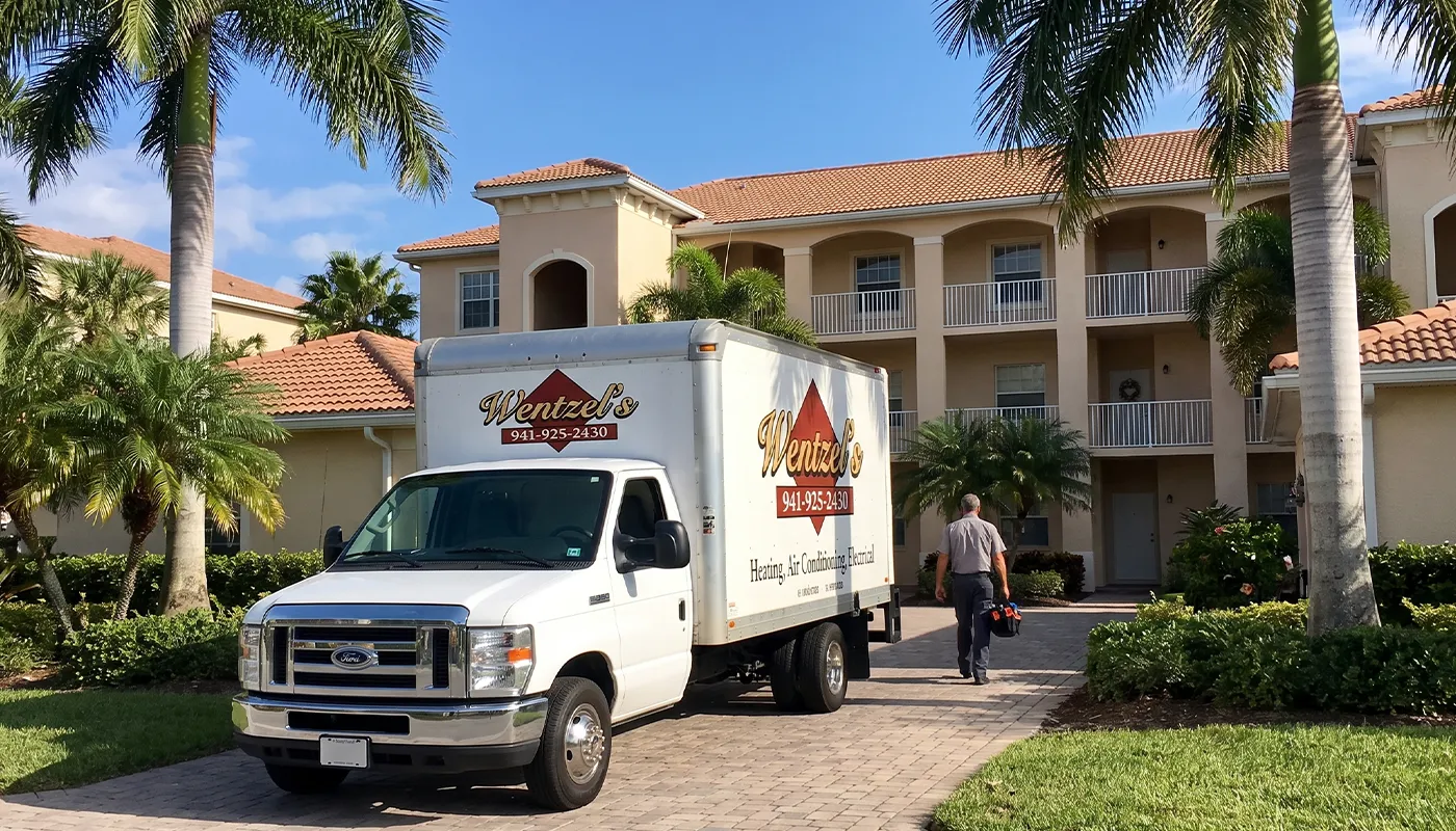 Wentzel's technician diagnosing an AC unit in a Siesta Key condo