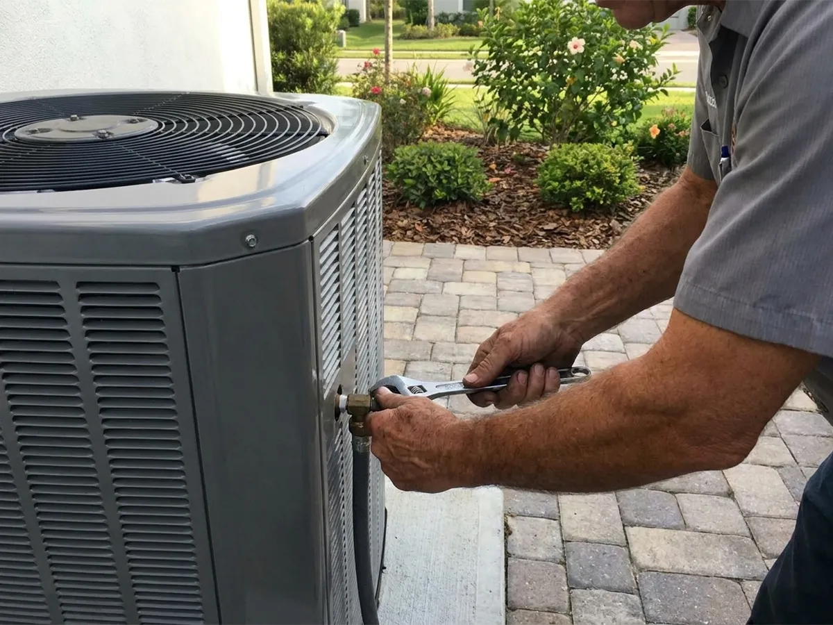 Wentzel's technician servicing an outdoor AC unit in a Lakewood Ranch HOA community