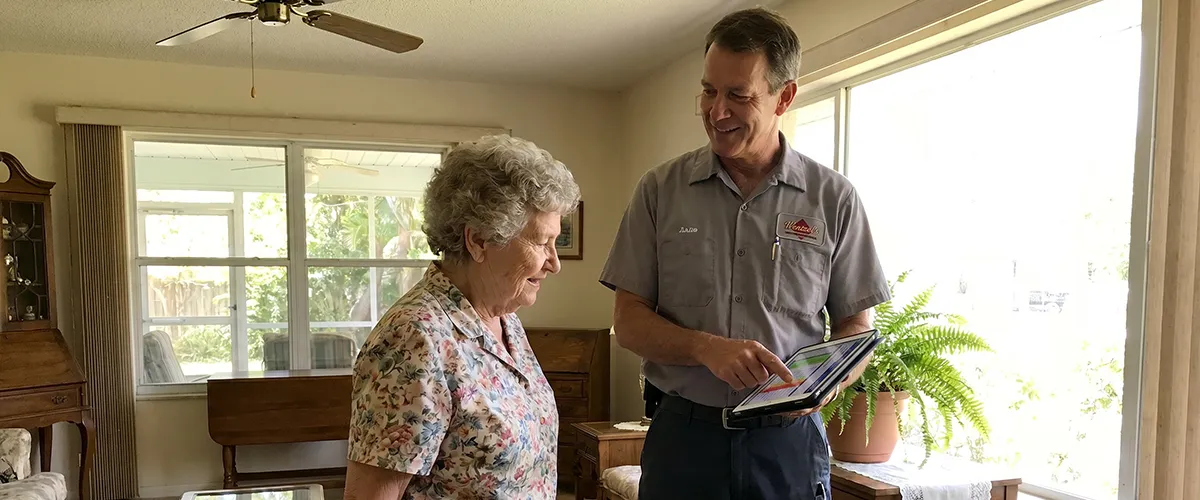 Wentzel's technician diagnosing an AC unit in a Bradenton home