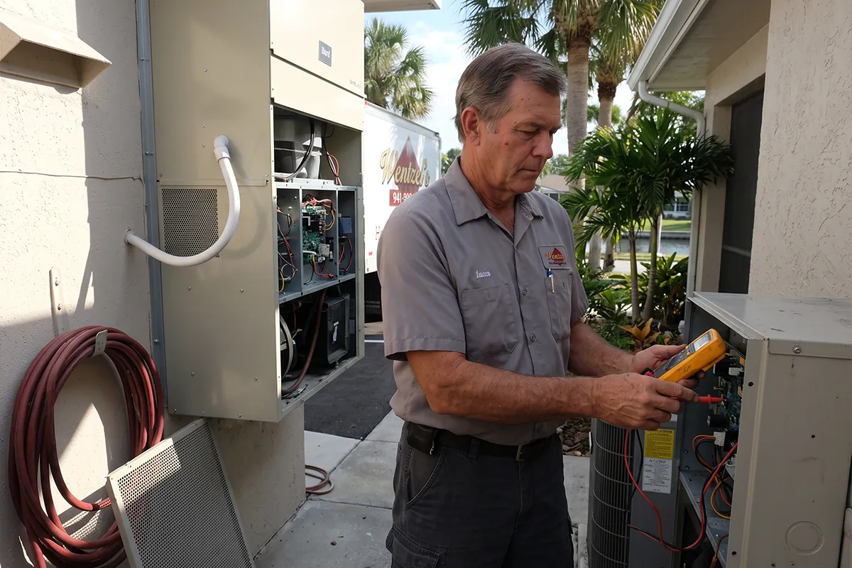 Wentzel's technician diagnosing an outdoor AC unit during an emergency repair call in Sarasota