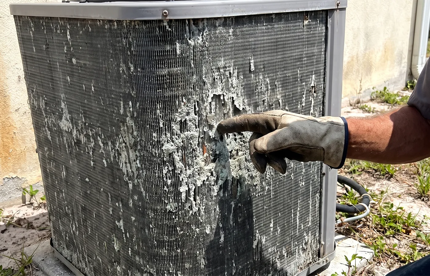 Salt corrosion on an outdoor AC coil near Casey Key in Osprey FL