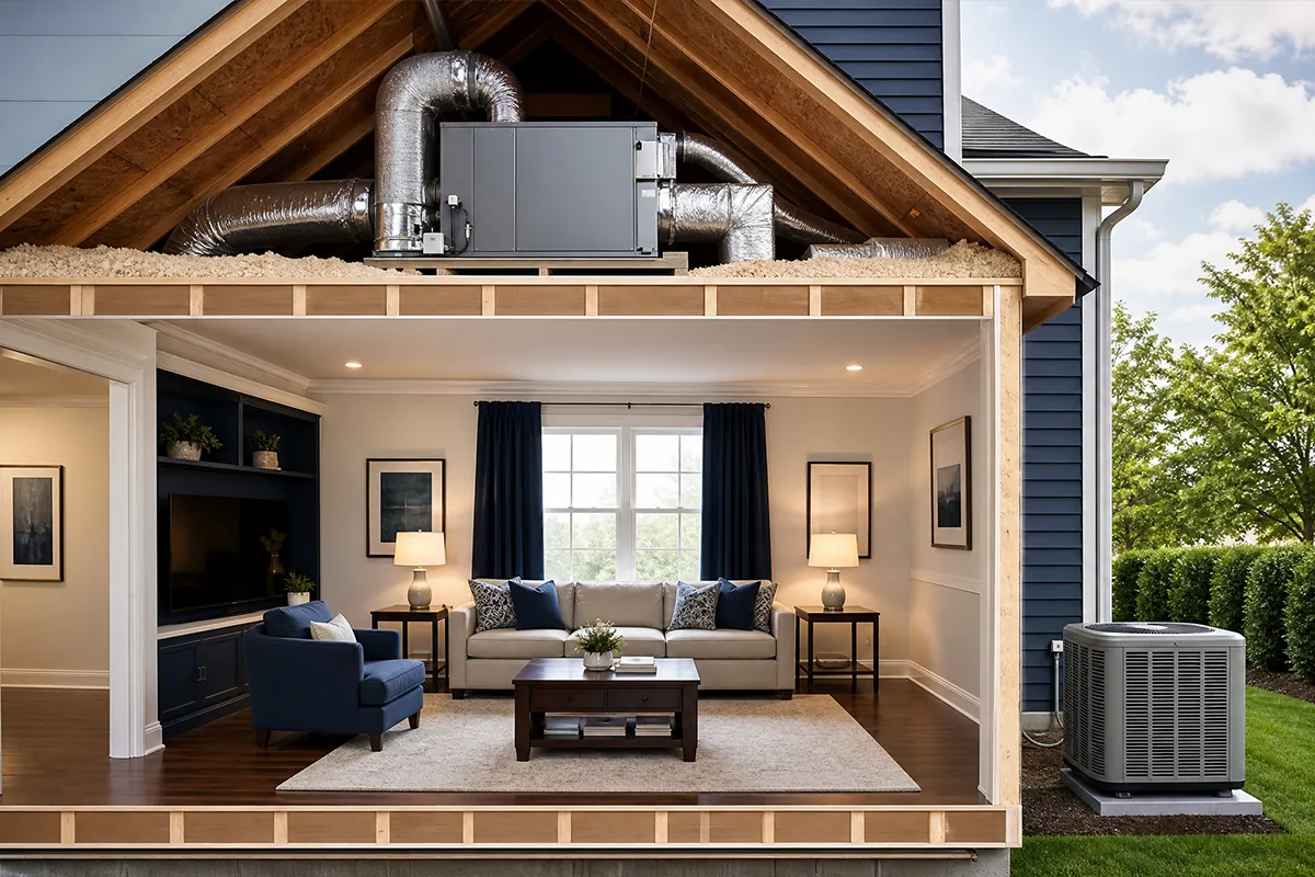 Illustration linking an attic, a home interior, and a generic outdoor air-conditioning unit.