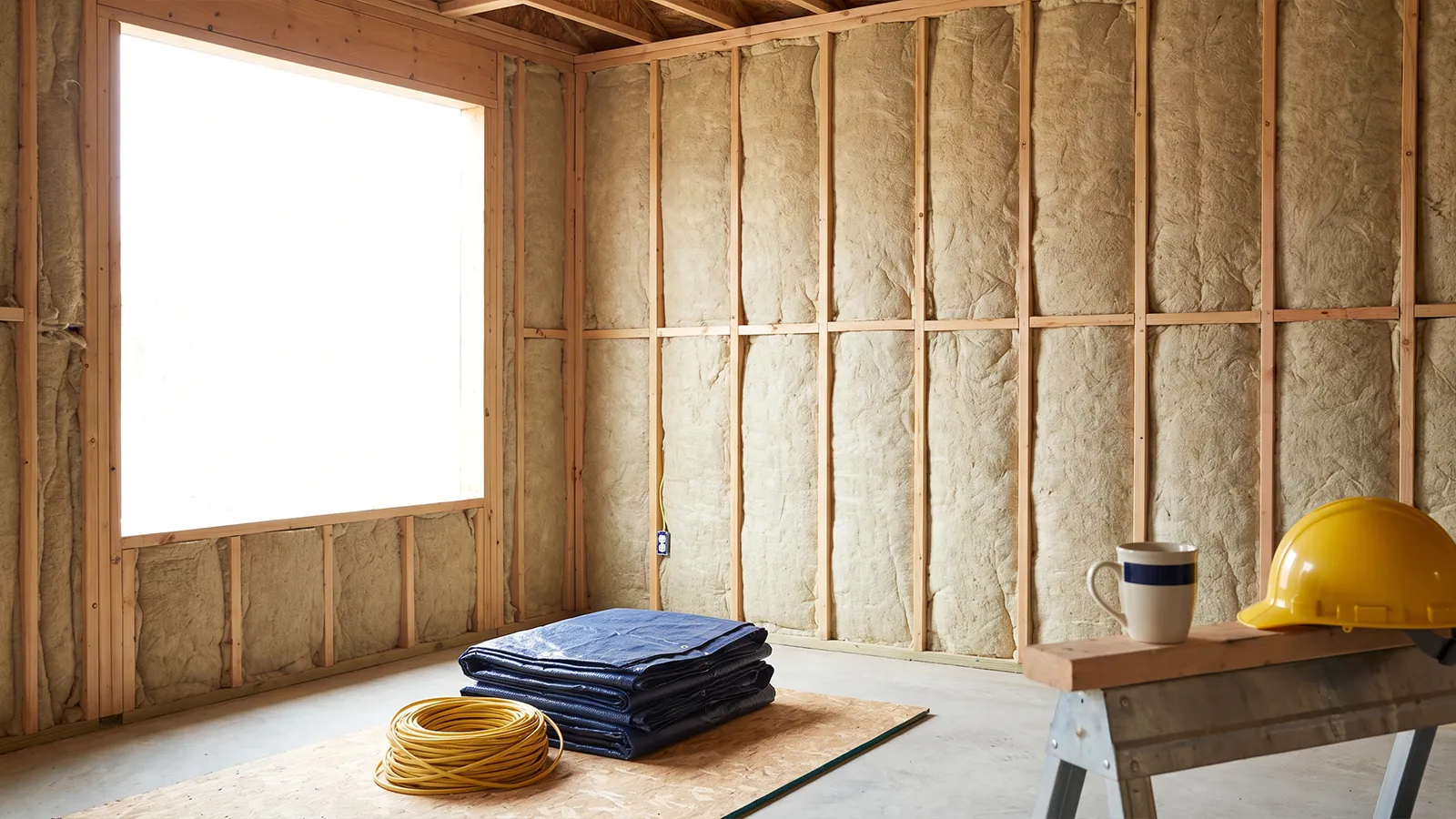 Open wall framing with neatly fitted batt insulation during a generic renovation.