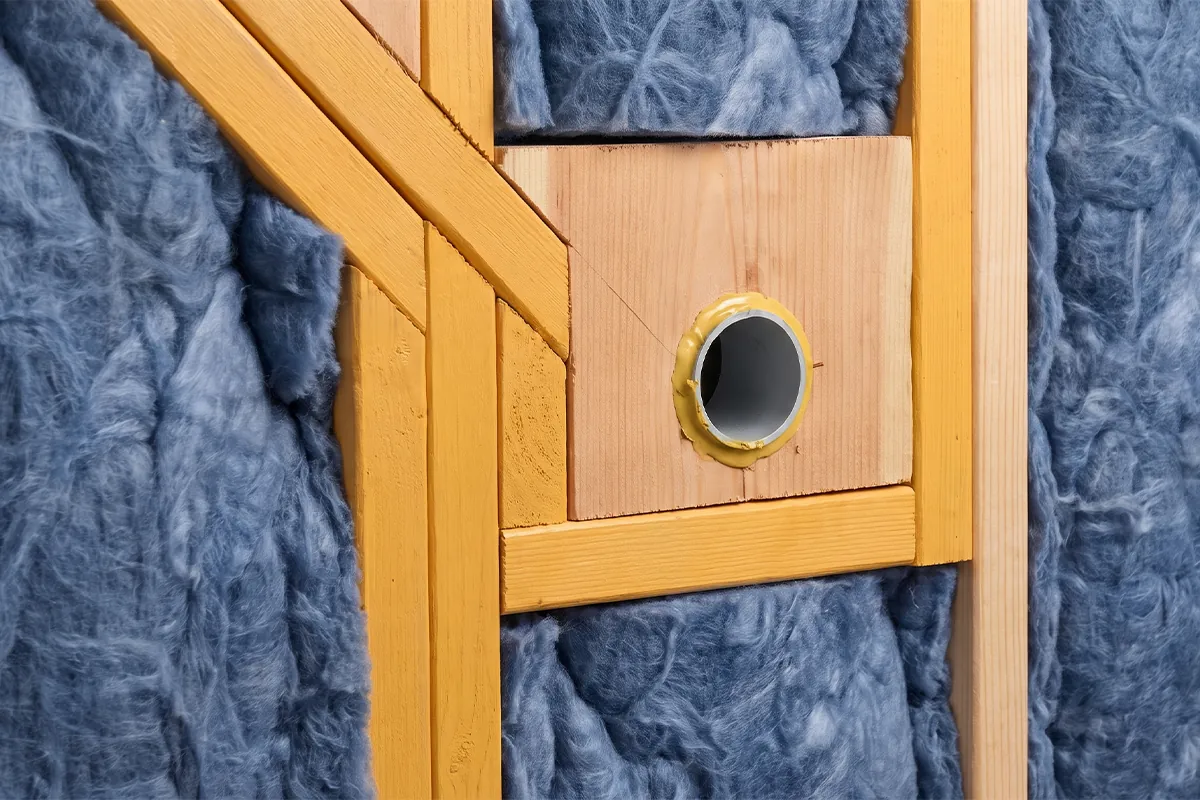 Detail illustration of batt insulation fitted around irregular framing and a wall penetration.