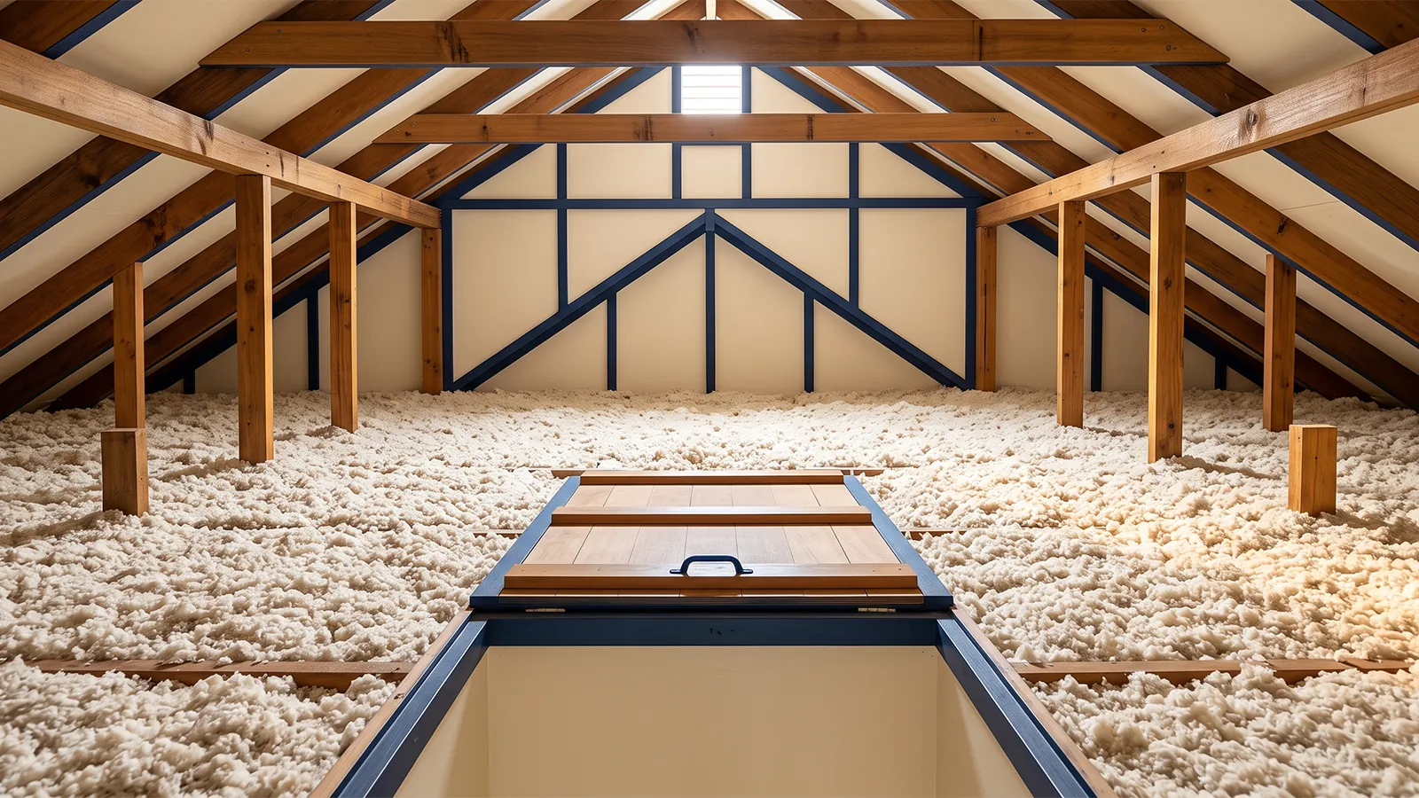Clean attic with evenly distributed loose-fill insulation and a visible access hatch.