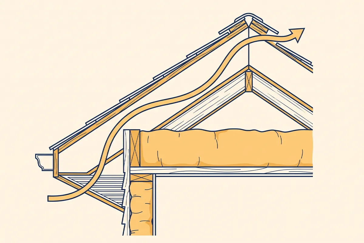 Roof-edge cutaway showing insulation and a clear ventilation path.