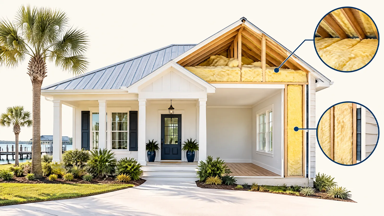 Concept illustration of a Gulf Coast home with cutaway views of attic and wall insulation.