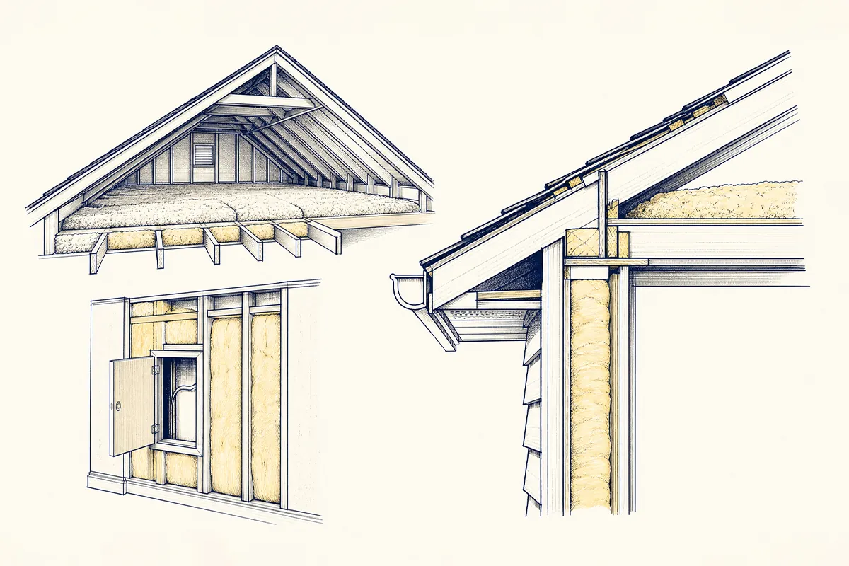 Illustrated cross-section showing attic floor insulation, a wall cavity, and a roofline assembly.
