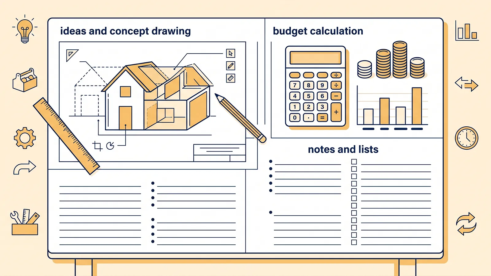 Home project planning table with a drawing, calculator, and blank notes.