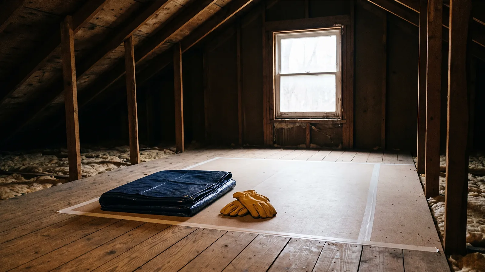 Empty attic with a clearly visible inspection area and soft natural light.