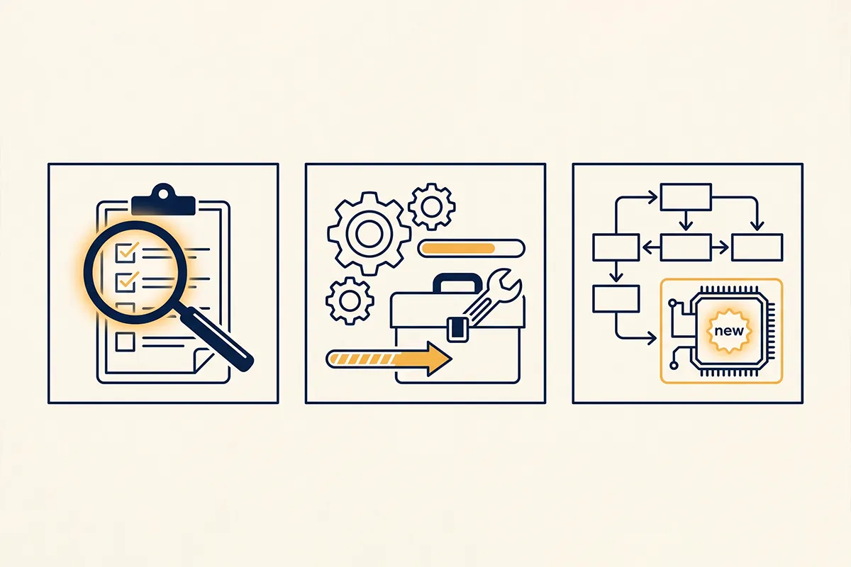 Three-panel illustration representing assessment, preparation, and replacement planning for insulation.
