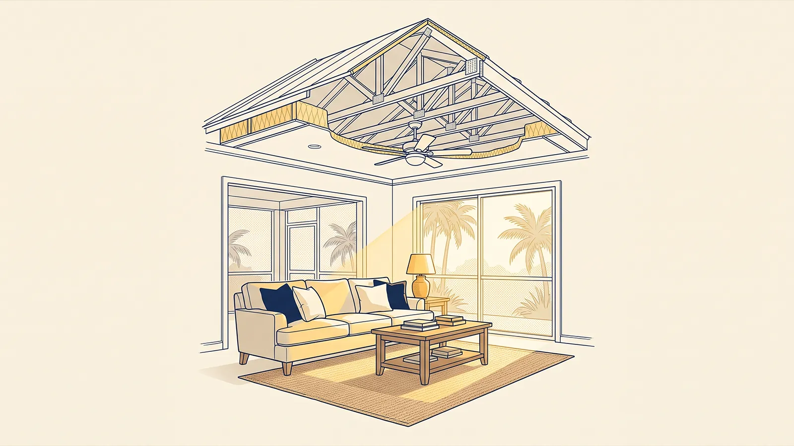 Florida home interior with a small illustrated cutaway of the roof and insulation area.