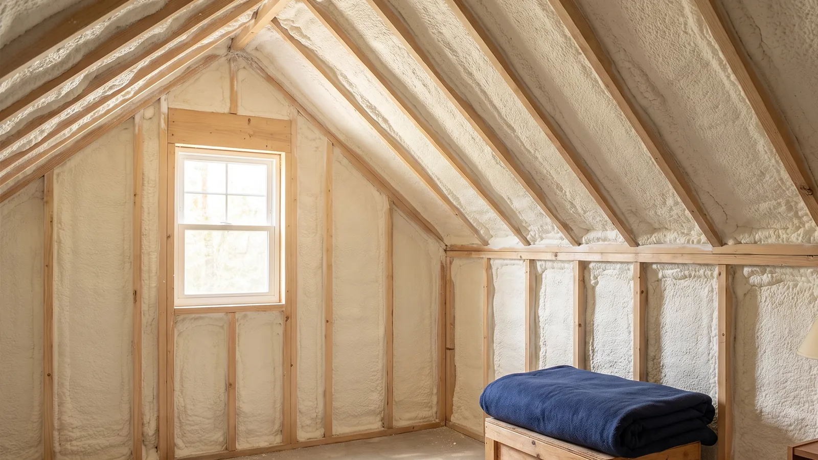 Generic attic with completed spray foam insulation on the roofline.