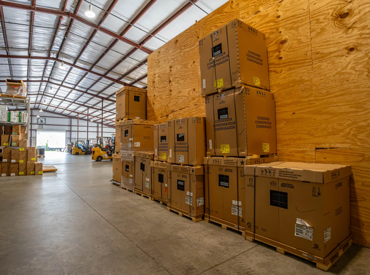 Boxed AC condensers stacked floor to ceiling in Wentzel's Sarasota warehouse