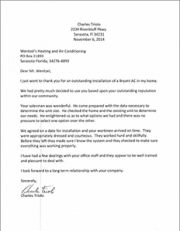 Air Conditioning Testimonial Letter from Charles T